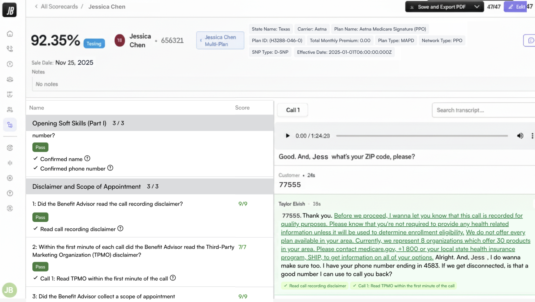 Post-Call QA Screenshot